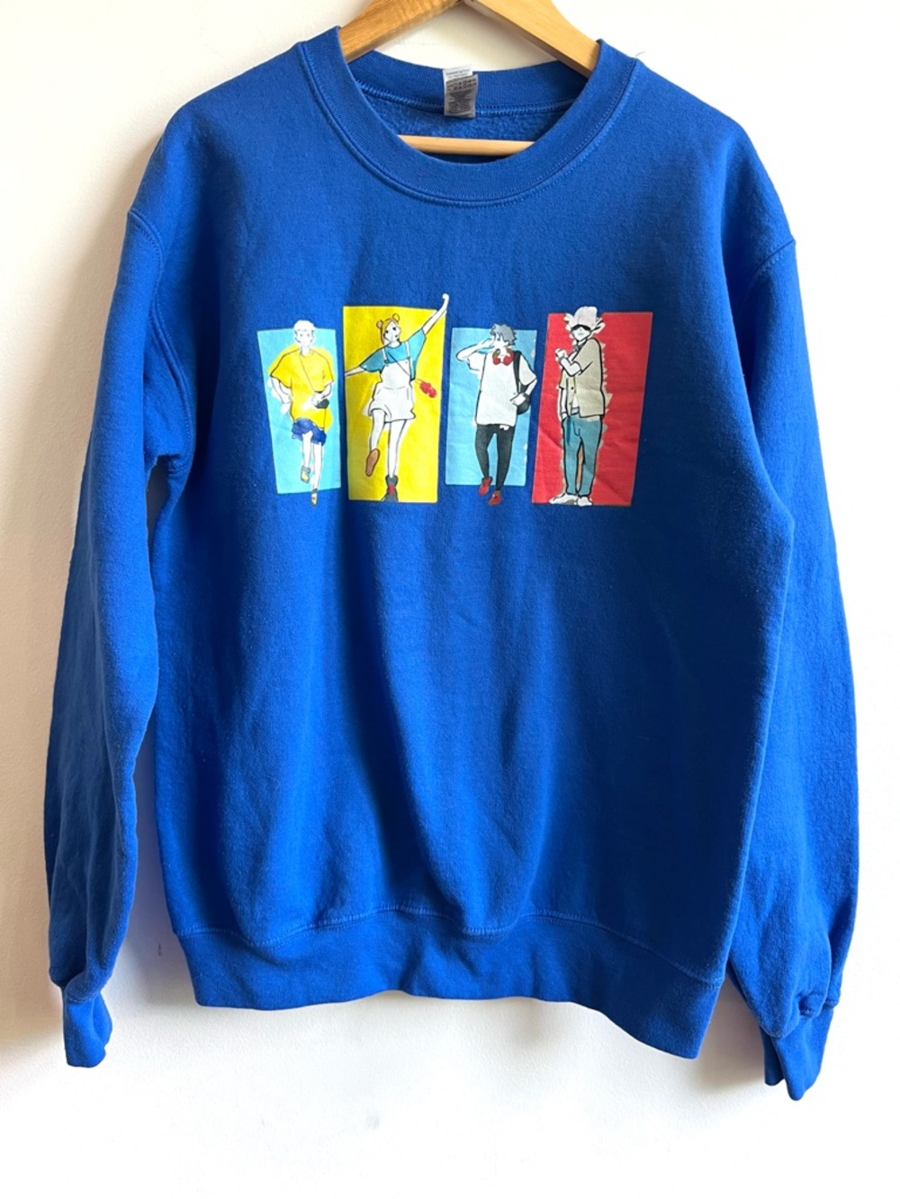 Royal Blue Crewneck Sweatshirt with Colorful Y2K Graphic Animated Characters